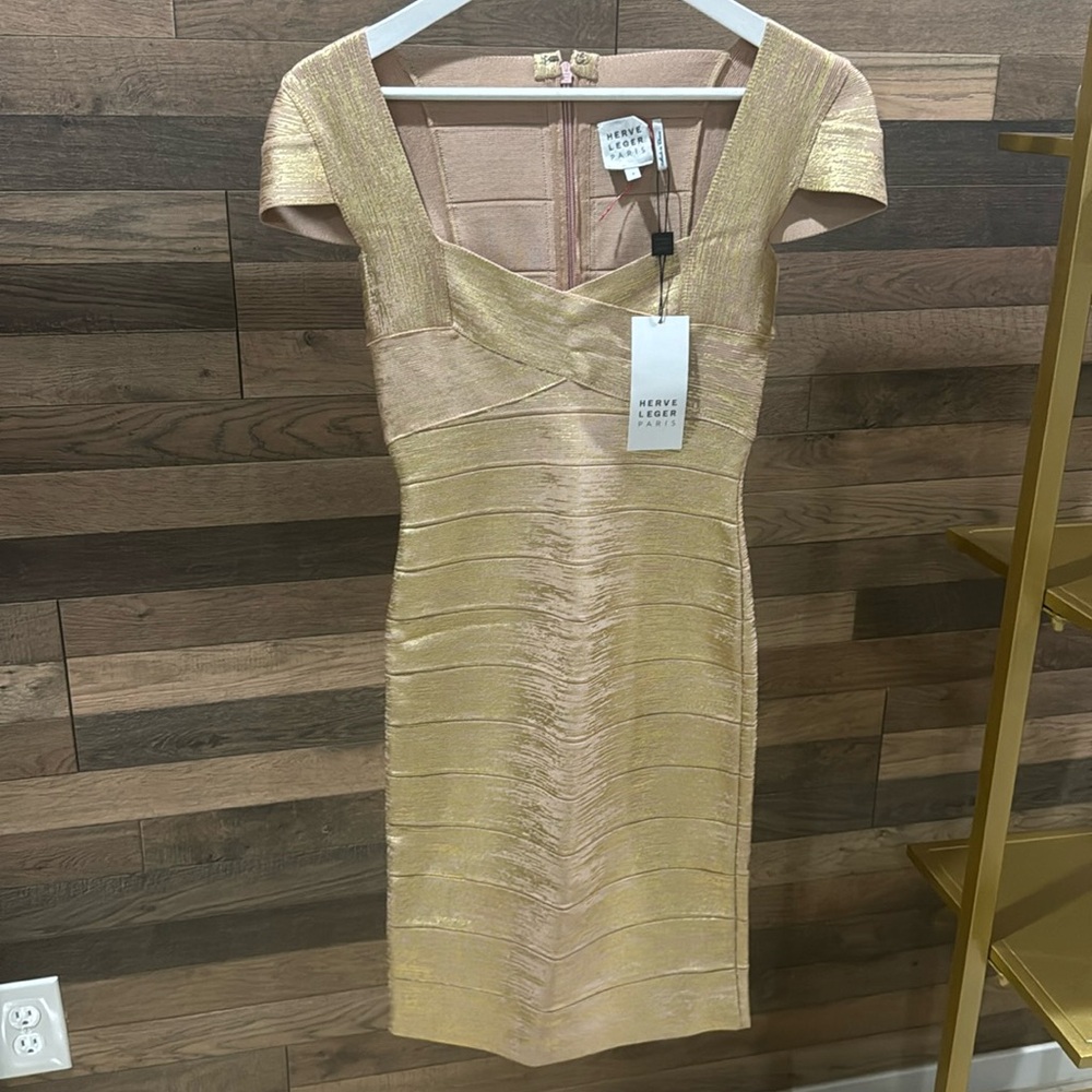Herve Leger Bandage Gold/Tan Knee-High Dress